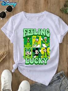 Disney Women's Mickey & Friends "Feeling Lucky" St. Patrick's Day Cartoon Pattern Short-Sleeved T-Shirt - Amusement Park Theme Round-Neck Top, Soft Cotton Breathable Fabric, Summer Casual Vacation Style, Fun Design, Suitable For St. Patrick's Day Celebrations & Amusement Scene Enthusiasts, Breathable And Comfortable - trắng - Xem 2