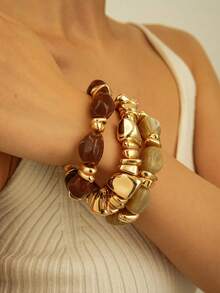 3pcs/Set Vintage Boho Style Thick Multi-Layer Brown Acrylic Beaded Bracelet, Luxury High-End For Women, Couples, Party, Daily Wear - Multicolor - View 4