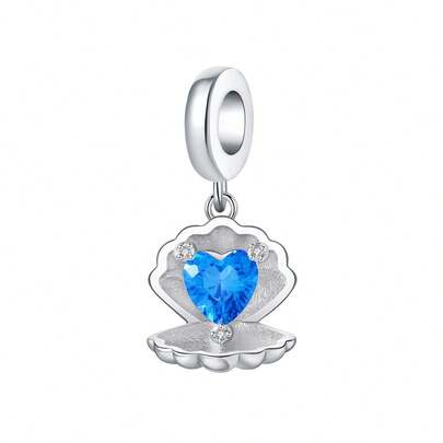 CYMYSS 1pc Romantic Ocean Style 925 Silver Plated Artificial Zirconia Heart-Shaped Blue Zirconia Shell Pendant, Women's Jewelry Gift For Valentine's Day/Birthday