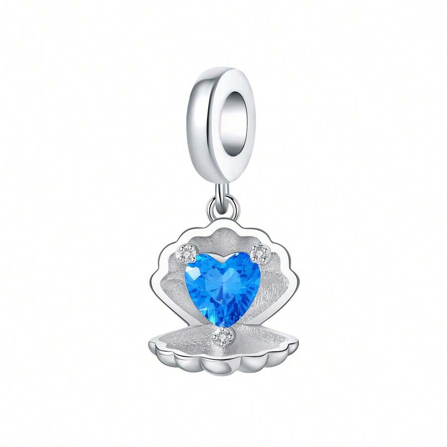CYMYSS 1pc Romantic Ocean Style 925 Silver Plated Artificial Zirconia Heart-Shaped Blue Zirconia Shell Pendant, Women's Jewelry Gift For Valentine's Day/Birthday - Multicolor - View 1