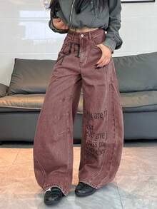1pc Japanese Street Style Women's Patchwork Printed Curved Leg Loose Wide Leg Jeans Comfortable All Season Long Pants (This Product Does Not Include Belt/Accessories) - Red - View 5