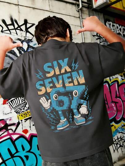 Teen Boy "SIX SEVEN-Italian Brain Rot" Colorful Number 67 Cartoon Print T-Shirt, Suitable For Daily Wear, Streetwear, Campus Style, Casual Versatile Summer Top For Boys
