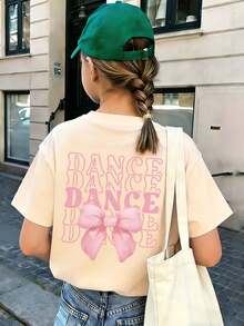少女款“DANCE”字母蝴蝶结卡通印花T恤，面料柔软舒适，适合女孩户外运动、休闲穿着、街头风、校园风等场合，是春夏百搭时尚上衣。 - 杏色 - 查看 3