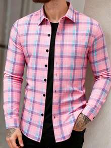 Men's Pink Plaid Shirt - 西瓜粉 - 查看 2