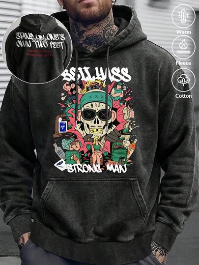 Vintage Poster Print Men's Washable Hoodie And Sweatpants Set