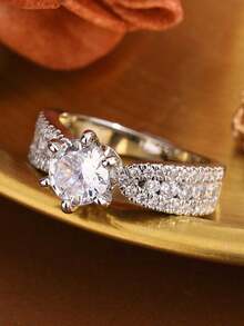 Classic Six-Claw Round Synthetic Cubic Zirconia Couple Rings, Geometric Wedding Engagement Jewelry Gift - White - View 3