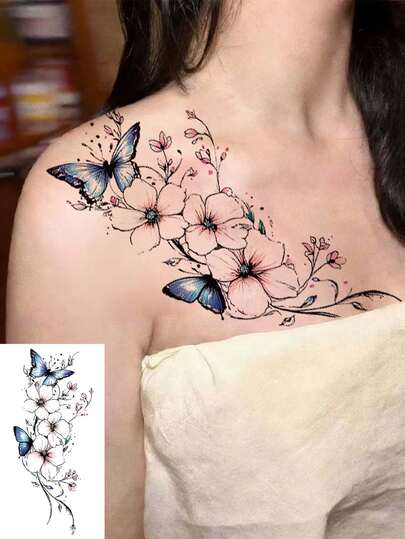 1pc Beautiful Peach Blossom Floral + Blue Butterfly Temporary Tattoo Sticker, Fashionable Design, Realistic Adult Fake Tattoo, Waterproof And Durable, Can Cover Scars And Wounds, Add Artistic Vibe To Skin, Suitable For Floral Tattoo On Waist, Arms, Etc. Easy To Apply And Remove.