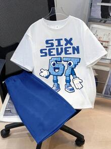 Kaos Lengan Pendek dan Celana Pendek Anak Laki-Laki dengan Motif Huruf - Biru - View 1