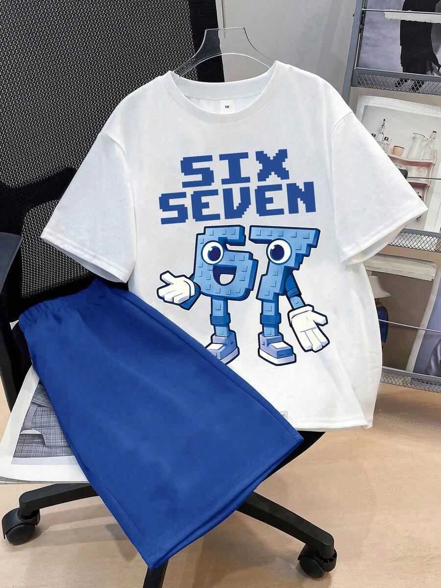 Kaos Lengan Pendek dan Celana Pendek Anak Laki-Laki dengan Motif Huruf - Biru - View 1