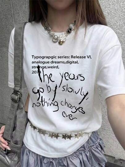 2026 Summer New Women's Round Neck Casual Loose English Print Graphic Tee, All-Match Daily Wear College Style Short Sleeve T-Shirt, 1 Piece