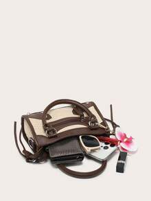 1 pieza Bolso de mano de mujer estilo retro de motociclista con remaches y decoración de lazo, correa de hombro ajustable tipo bandolera adecuado para vacaciones y compras al aire libre - Albaricoque - Ver 5