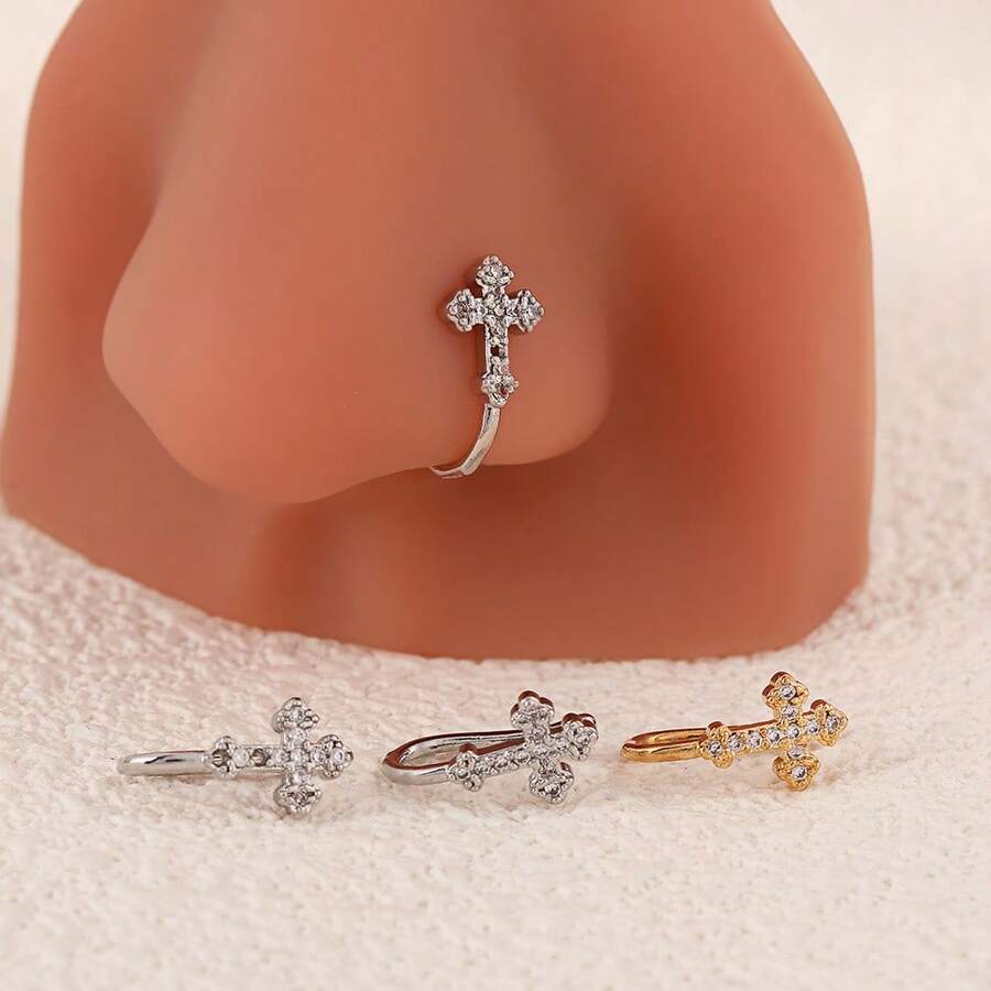 1pc Cross-Shaped Nose Ring, Fashionable , Unique U-Shaped Zirconia Nose Clip, Minimalist Chic, No Piercing Required - Multicolor - View 1