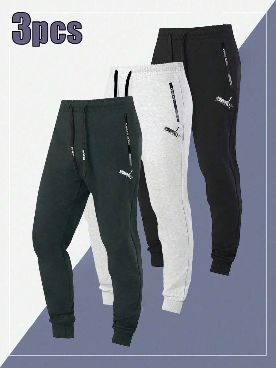 3pcs Men's Drawstring Knit Elastic Waist Sweatpants, Minimalist Zipper Pocket Design - Multicolor - View 1