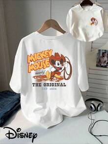 Disney Classic Cartoon Denim Mickey Double-Sided Printed T-Shirt, Short Sleeved Round Neck Casual Top, Suitable For Summer And Spring, Short Sleeved Top, Women's Clothing - trắng - Xem 6