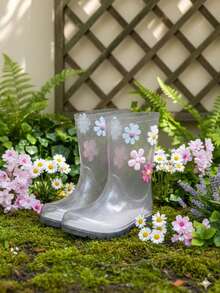 Girls' High-Top Rain Boots, Waterproof, Floral Print, Pastel Colors, Non-Slip, Comfortable - 銀色閃光 - 查看 1