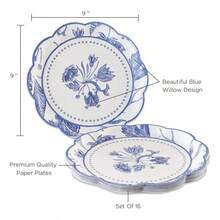 Aspen Blue Willow 9 In. Decorative Premium Paper Plates (350 GSM Weight - Set Of 16) - Perfect For Bridal Showers And Weddings - Trắng & Xanh + 9 inch - Xem 6