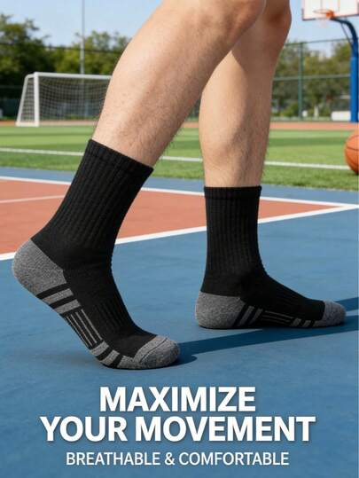 Men's Professional Mid-Calf Sports Socks For Football & Basketball, Breathable Sweat-Absorbent Non-Slip Durable Training Socks, High Elasticity Comfortable Versatile Sports Socks
