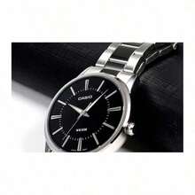 Casio 简约银色金属表带仿石英表，黑色圆形表盘，优雅商务休闲男士腕表，适合办公及日常佩戴 - 黑色 - 查看 6