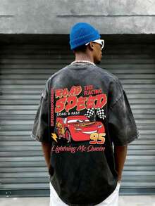 Disney  Lightning Mcqueen Printed Summer Heavyweight Retro Washed Street Fashion Casual T-Shirt , Round Neck, Stretchy, Suitable For Daily Wear, Easy Care, Fashionable Casual Men's T-Shirt, Short Sleeve Tee, Breathable And Light, For Sports And Leisure Wear, Suitable For Gifts, For Parties. - màu đen - Xem 2