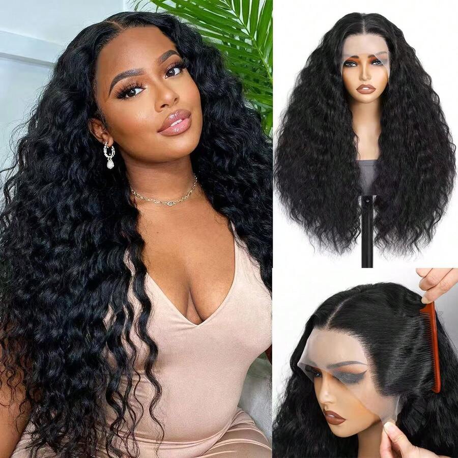 28Inch 13x6 HD Lace Front Sythetic Wig ,Heat Resistant Fiber Long Deep Wave Lace Wig -Synthetic Glueless Lace Front Wig For Daily Party Use