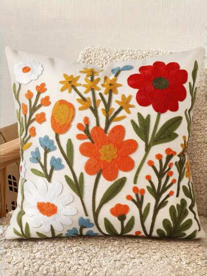 Floral Embroidered Pillowcase, Spring Summer Boho Decorative Pillow Cover With Zipper For Living Room Couch Sofa Bed Aesthetic Design Flower Cluster Cushion Pillowcase