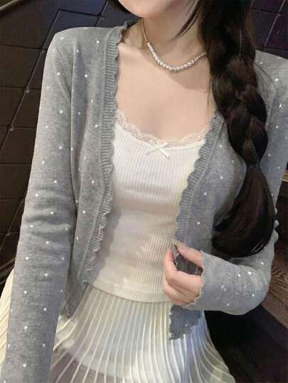Elegante y casual suéter tipo cárdigan de manga larga con cuello en V para mujeres, estilo dulce y de calle, apropiado para mujeres de 18 a 35 años - base gris con lunares blancos, ribete de volantes, ligero y cómodo, adecuado para uso diario en primavera/otoño, citas, oficina y reuniones de fin de semana