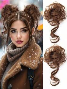 2件套凌乱发髻假发片，蓬松盘发造型，带卷发发髻接发，波浪卷合成凌乱发髻发饰，女士弹力发圈发髻假发片 - 彩色 - 查看 11