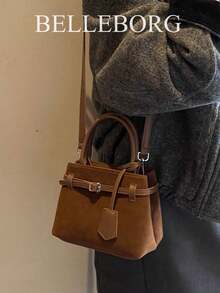 BELLEBORG Túi xách nữ nhỏ vuông đa năng, thanh lịch, phối màu tương phản, kiểu dáng retro, chất liệu vải canvas và da, khóa cài. - Cà phê - Xem 7