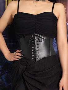 1pc Solid Color Slimming Lace-Up Women Corset Belt, Suitable For Various Occasions - Black - View 2