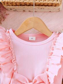 Vestido de malla con parches de mariposa para niñas en primavera/otoño, vestido casual de princesa con cuello redondo, manga larga, decoración de moño y empalme de malla, adecuado para niñas de 4 a 7 años para uso diario, al aire libre, calle y fiestas - Rosa - Ver 3