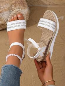 夏季新款坡跟凉鞋 女款 编织水钻露趾带增高显瘦 沙滩度假风鞋 - 白色 - 查看 4