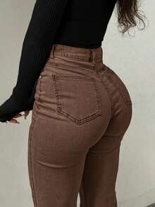 GILIPUR Y2K Style Women's Flare Jeans, Fitted Stretch Brown Denim Pants, Streetwear Fashion, Elegant, , Casual, Versatile Bottom - Brown - View 4