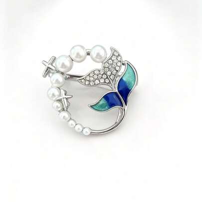 1pc Fashionable Pearl & Rhinestone Embellished Minimalist Fish Tail Brooch, Versatile Daily Accessory
