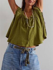 Women's Summer Tie Front Scoop Neck Tops Cute Cap Sleeve Loose Flowy T Shirts Going Out Outfit Beach Vacation Clothes - 墨綠色 - 查看 1
