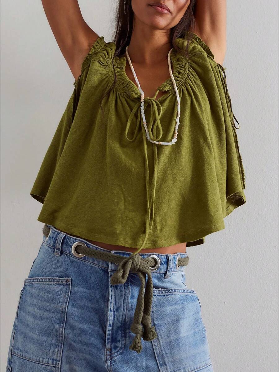 Women's Summer Tie Front Scoop Neck Tops Cute Cap Sleeve Loose Flowy T Shirts Going Out Outfit Beach Vacation Clothes - 墨綠色 - 查看 1