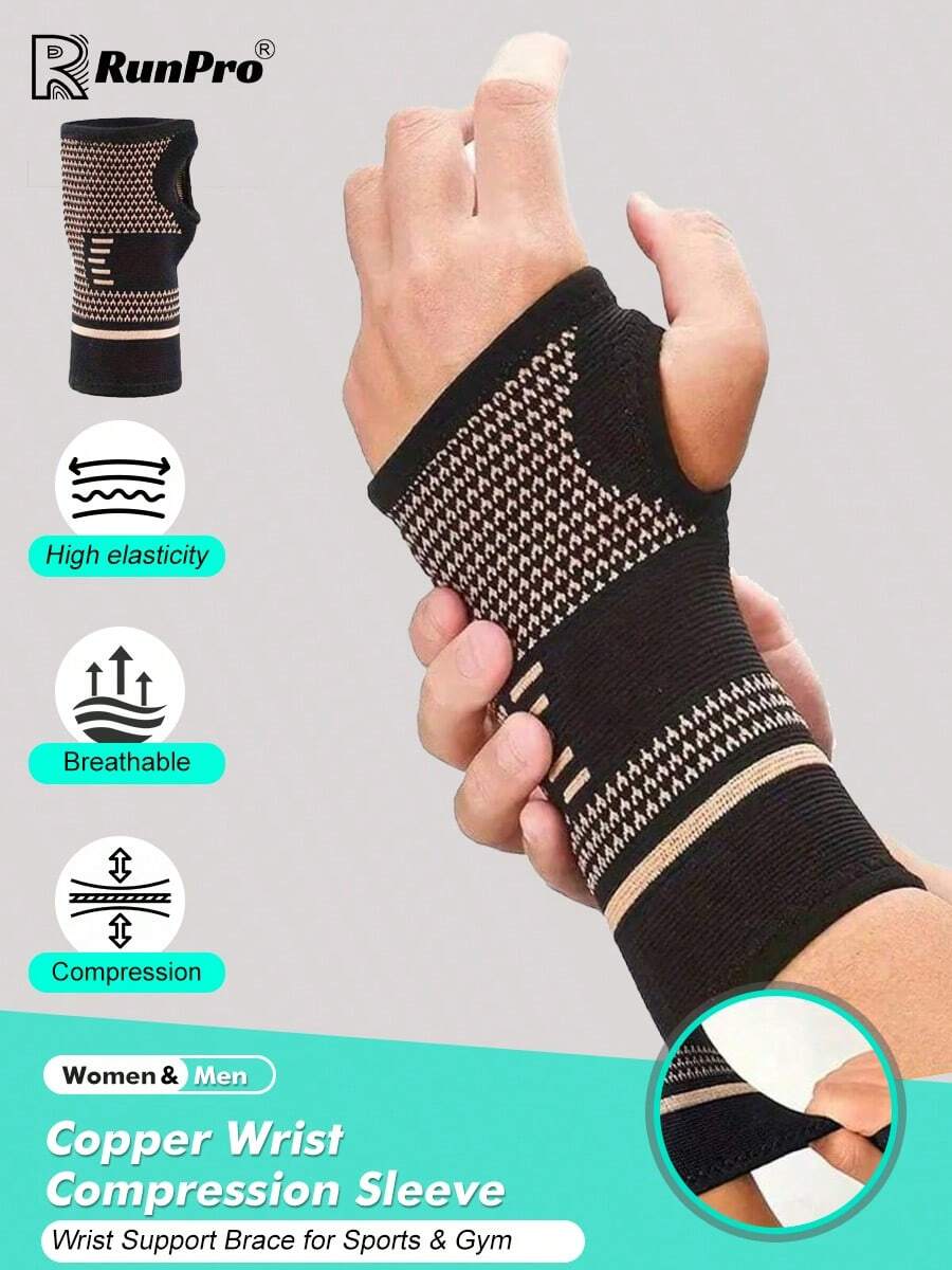 RPPR 1pc - High Elastic Copper Ion Infused Wrist Compression Sleeve, Sports & Fitness Wrist Support Brace, Unisex, Suitable For Daily Wear, Workout, Sports, Tennis, Golf, Black/Brown - Đồng - Xem 1