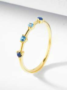 1 pieza Anillo de plata de ley 925 con circonita azul ombré delicado y elegante, banda fina y apilable de lujo minimalista para mujer - Dorado - Ver 6