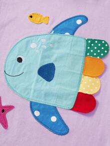 年輕女孩休閒短袖T恤，卡通小魚刺繡，透氣時尚，夏季系列 - 粉色 - 查看 4