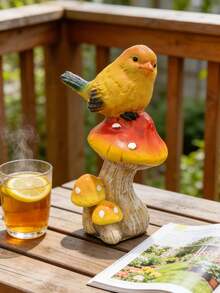 可爱的树脂小鸟蘑菇摆件 - 手绘黄色小鸟雕像，饰以红色蘑菇细节，可作为客厅、厨房、咖啡桌和书架上的装饰摆件，为室内空间增添温馨自然的魅力，营造舒适氛围。 - A - 查看 4