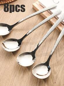 1/4/8 piezas Cucharas redondas elegantes de acero inoxidable martillado - Perfectas para sopa, arroz y postres - Vajilla de cocina y comedor duradera, cucharas para sopa - Plateado - Ver 12