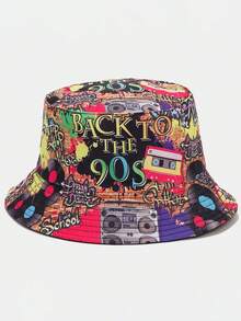 1顶男女通用复古经典“80、90年代”卡带收音机涂鸦印花双面渔夫帽，轻便透气宽檐遮阳帽，百搭休闲街头风，适合各种场合 - A - 查看 4