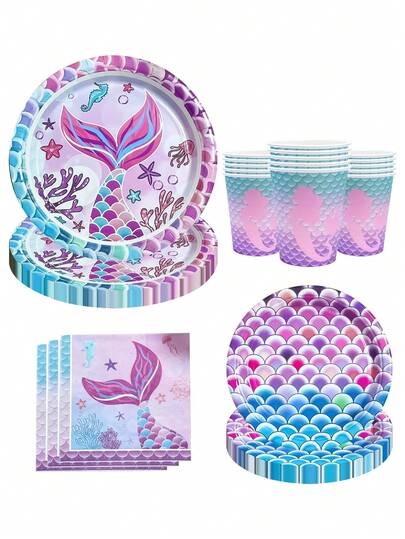 10pcs/20pcs Pink And Purple Mermaid Birthday Party Decorations Set Mermaid Party Supplies Includes Plates Napkin Cup For Summer Ocean Theme Birthday Picnic Holiday Vacation Party Decorations
