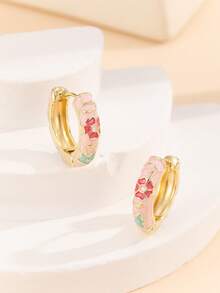 1 Đôi bông tai thời trang mới bằng đồng mạ vàng họa tiết hoa, tráng men cloisonne đính ngọc trai dành cho nữ và bé gái - Hồng - Xem 3