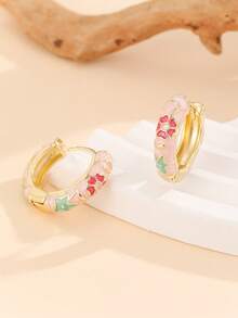 1 Đôi bông tai thời trang mới bằng đồng mạ vàng họa tiết hoa, tráng men cloisonne đính ngọc trai dành cho nữ và bé gái - Hồng - Xem 4