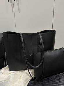 2 chiếc túi xách đeo vai lót chần bông màu đen cho nữ, túi xách kết hợp dung tích lớn thời trang có khóa bấm, phong cách đường phố giản dị cho việc đi làm hàng ngày - màu đen - Xem 12