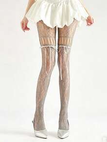 1 Pair, Sexy Women's Stockings, Women's Stockings, Black Tie Bow Fishing Net Stockings, Jacquard Mesh Stockings, Japanese Hollow Pantyhose, Millennium Style Mesh Stockings, Lace Pantyhose, White Hollow Stockings, Tie Stockings, Bow Tie Stockings, Spicy Style Stockings, Punk Style Stockings, Sexy Stockings, Sweet And Cool Style, Gothic Style, OL Outfit, COS Essential Artifact, Knee High Stockings, Long Stockings, Stockings, Black Stockings, Erotic Stockings, Very Suitable For Wearing In Summer - Multicolor - View 6