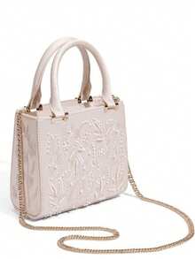 Pearl Embroidered Satin Handbag, Cheongsam Party Clutch, Chain Shoulder Bag For Women - Beige - View 8