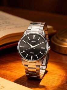 Casio 简约银色金属表带仿石英表，黑色圆形表盘，优雅商务休闲男士腕表，适合办公及日常佩戴 - 黑色 - 查看 4