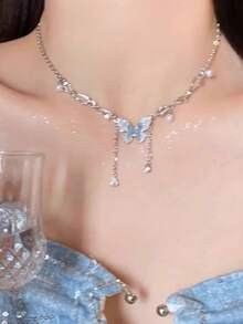 蓝色水晶蝴蝶流苏珍珠渐变项链，精致高端女士颈链，时尚甜美 - 彩色 - 查看 7
