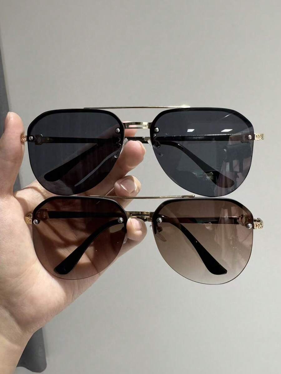 2副女士飞行员眼镜框，高级感十足，独特的双梁设计，金属镜框，西部复古百搭时尚眼镜组合，适合驾驶、西部派对、商务装饰等场合。